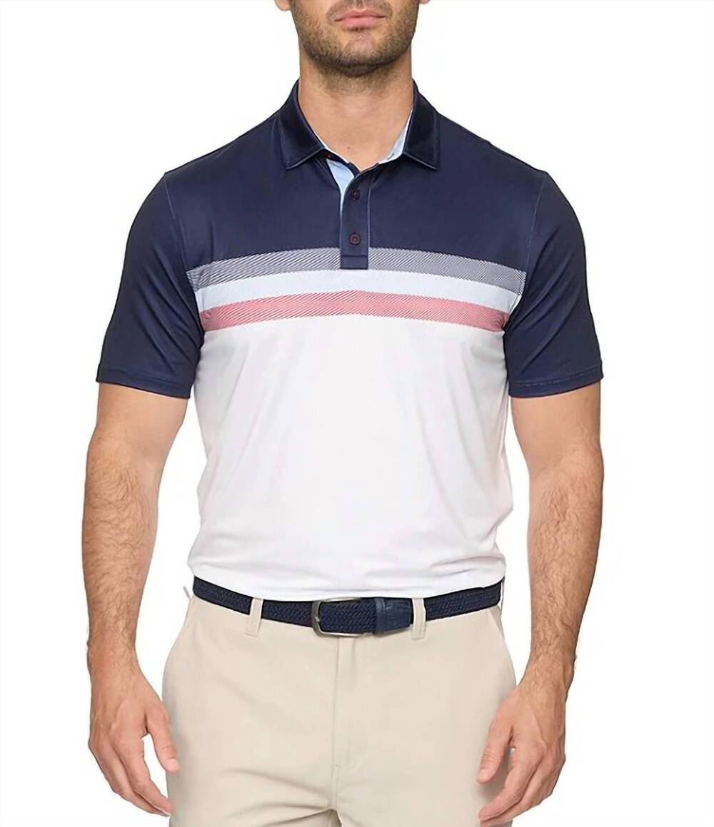 NEW FAIRFAX & FAVOR men's stretch golf polo shirt in navy/red/white